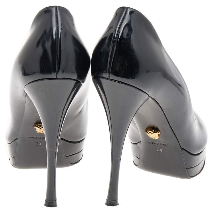 Pre Owned Versace Black Patent Leather Peep Toe Platform Pumps Size 38