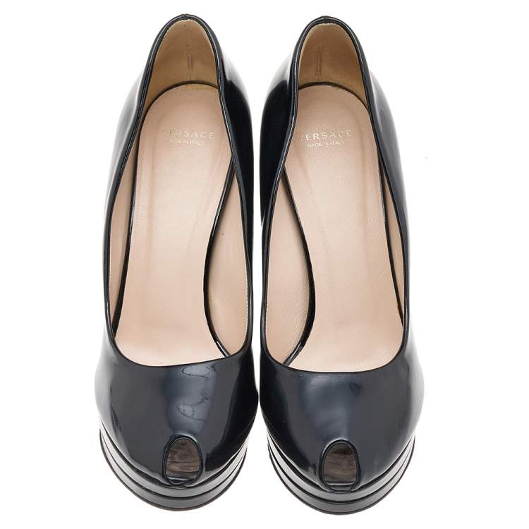 Pre Owned Versace Black Patent Leather Peep Toe Platform Pumps Size 38