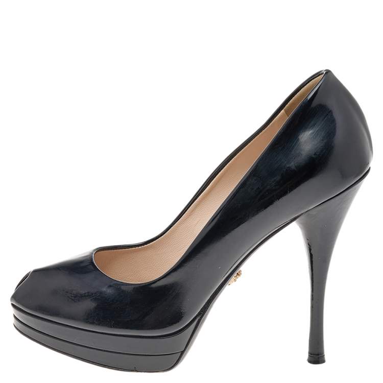 Pre Owned Versace Black Patent Leather Peep Toe Platform Pumps Size 38