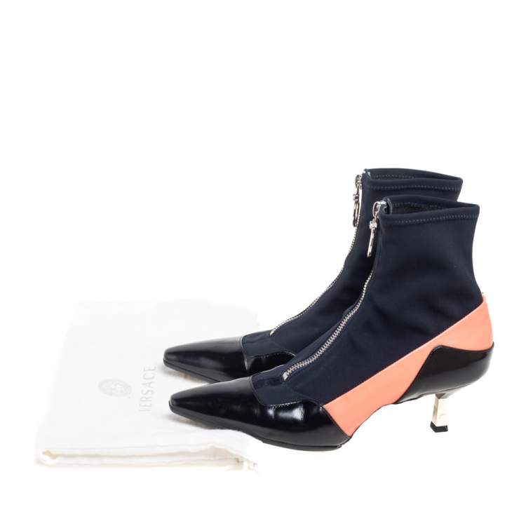 Pre Owned Versace Multicolor Fabric And Leather Sock Ankle Length Boots Size 38