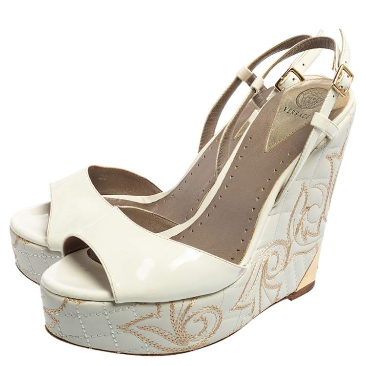 Pre Owned Versace White Patent Leather Quilted Wedge Platform Sandals Size 38