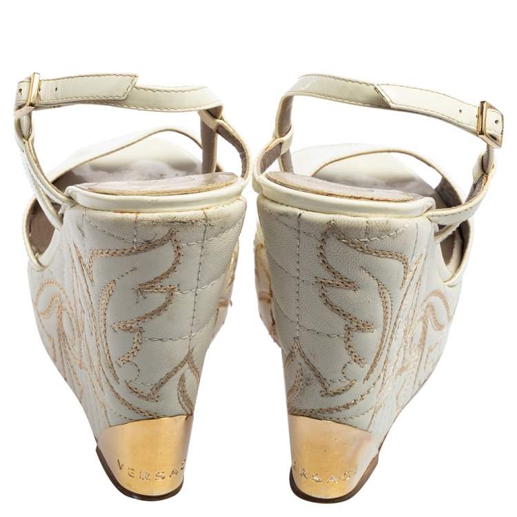Pre Owned Versace White Patent Leather Quilted Wedge Platform Sandals Size 38