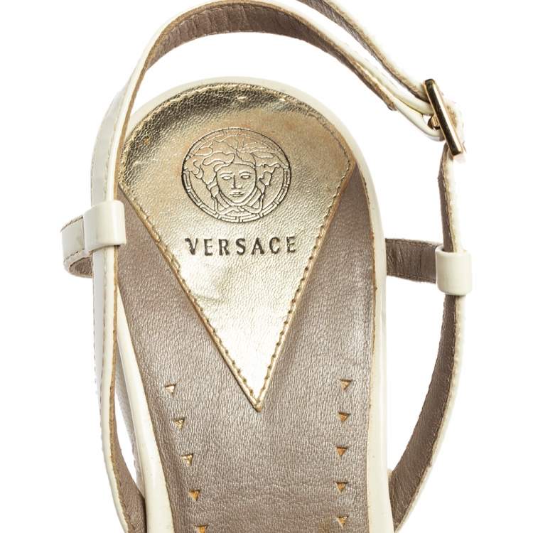 Pre Owned Versace White Patent Leather Quilted Wedge Platform Sandals Size 38
