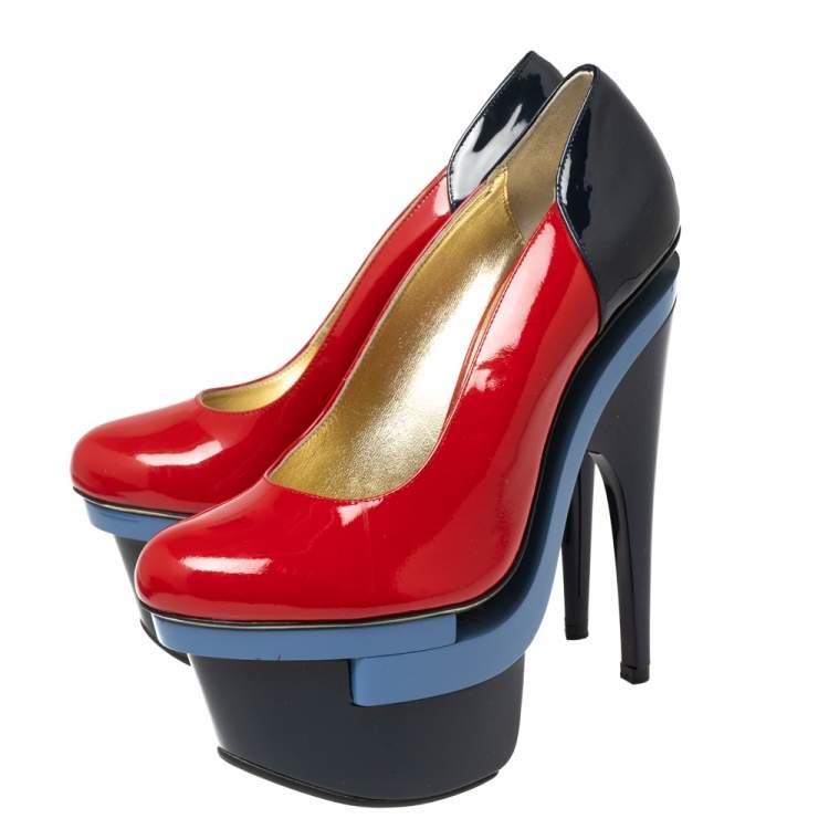 Pre Owned Versace Red/Navy Blue Patent Leather Triple Platform Sky High Pumps Size 37