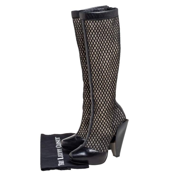Pre Owned Versace Black Leather And Mesh Pointed Toe Knee Length Boots Size 36