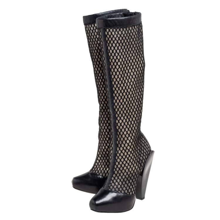 Pre Owned Versace Black Leather And Mesh Pointed Toe Knee Length Boots Size 36