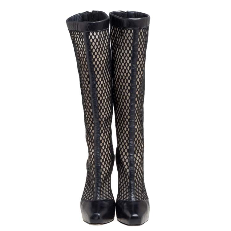 Pre Owned Versace Black Leather And Mesh Pointed Toe Knee Length Boots Size 36