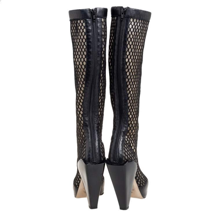 Pre Owned Versace Black Leather And Mesh Pointed Toe Knee Length Boots Size 36