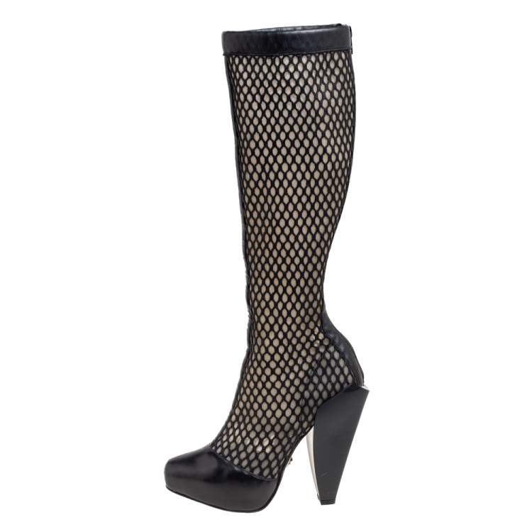 Pre Owned Versace Black Leather And Mesh Pointed Toe Knee Length Boots Size 36