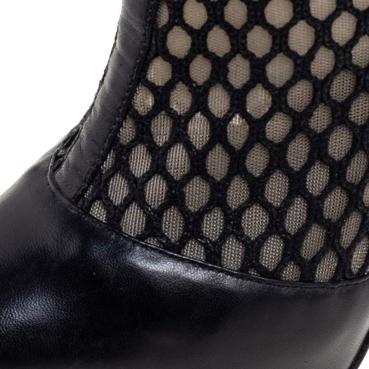 Pre Owned Versace Black Leather And Mesh Pointed Toe Knee Length Boots Size 36