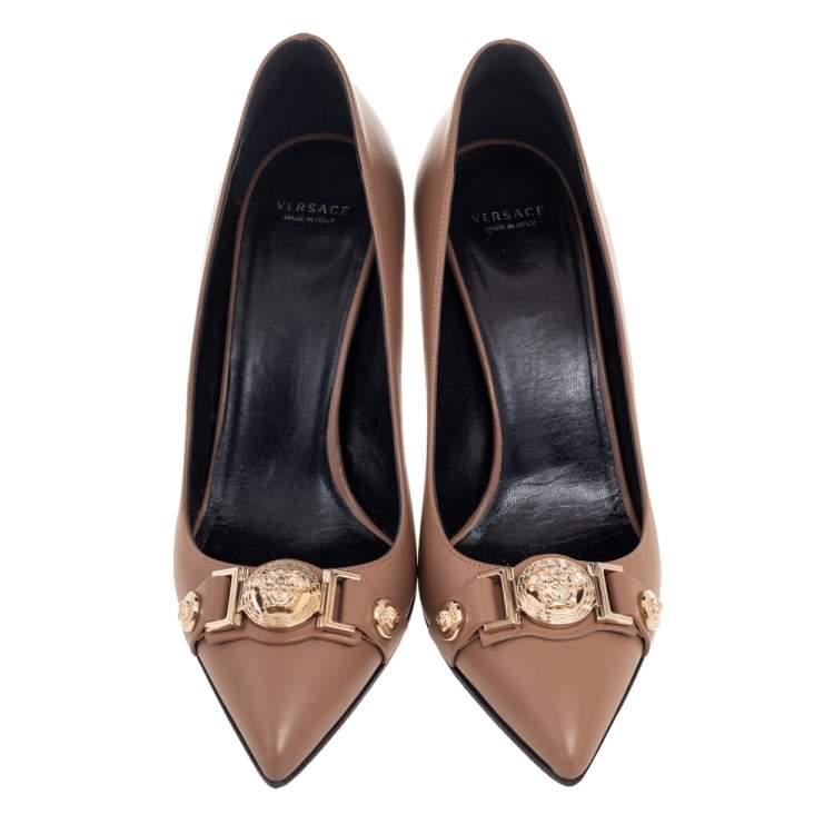 Pre Owned Versace Brown Leather Medusa Detail Buckle Strap Pointed-Toe Pumps Size 39