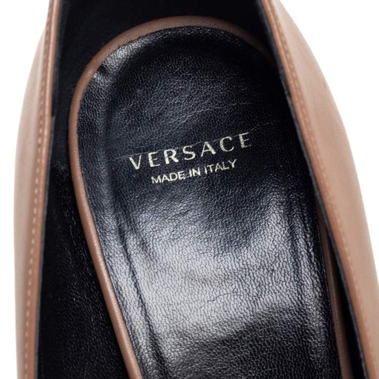 Pre Owned Versace Brown Leather Medusa Detail Buckle Strap Pointed-Toe Pumps Size 39