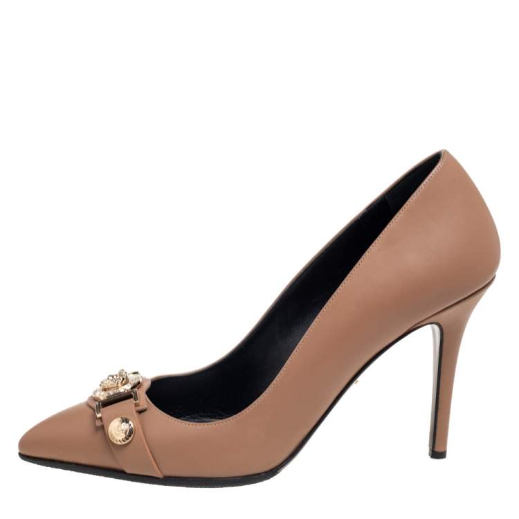 Pre Owned Versace Brown Leather Medusa Detail Buckle Strap Pointed-Toe Pumps Size 39