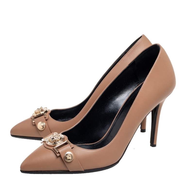 Pre Owned Versace Brown Leather Medusa Detail Buckle Strap Pointed-Toe Pumps Size 39