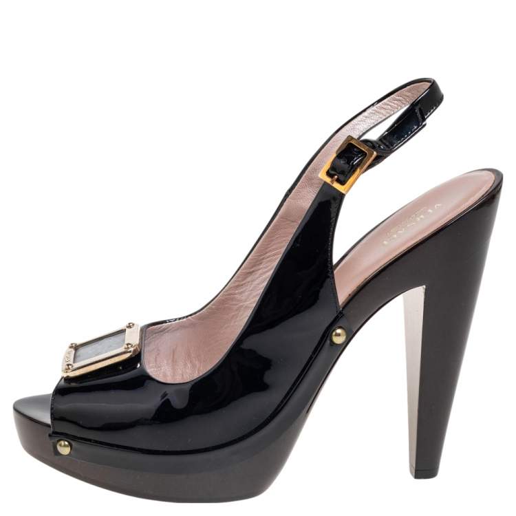 مملوكة مسبقًا Versace Black Patent Leather Medusa Head Buckle Peep-Toe Slingback Sandals Size 37.5