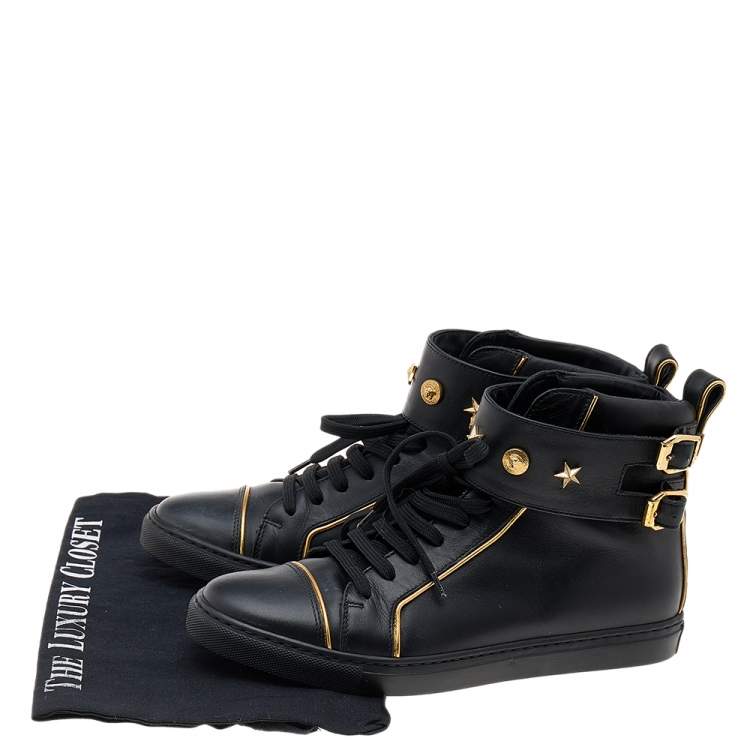 Pre Owned Versace Black Leather Buckle Medusa High Top Sneakers Size 37