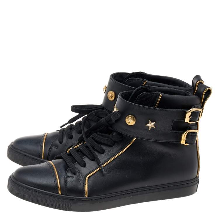 Pre Owned Versace Black Leather Buckle Medusa High Top Sneakers Size 37