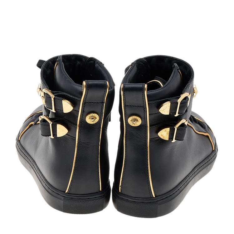 Pre Owned Versace Black Leather Buckle Medusa High Top Sneakers Size 37