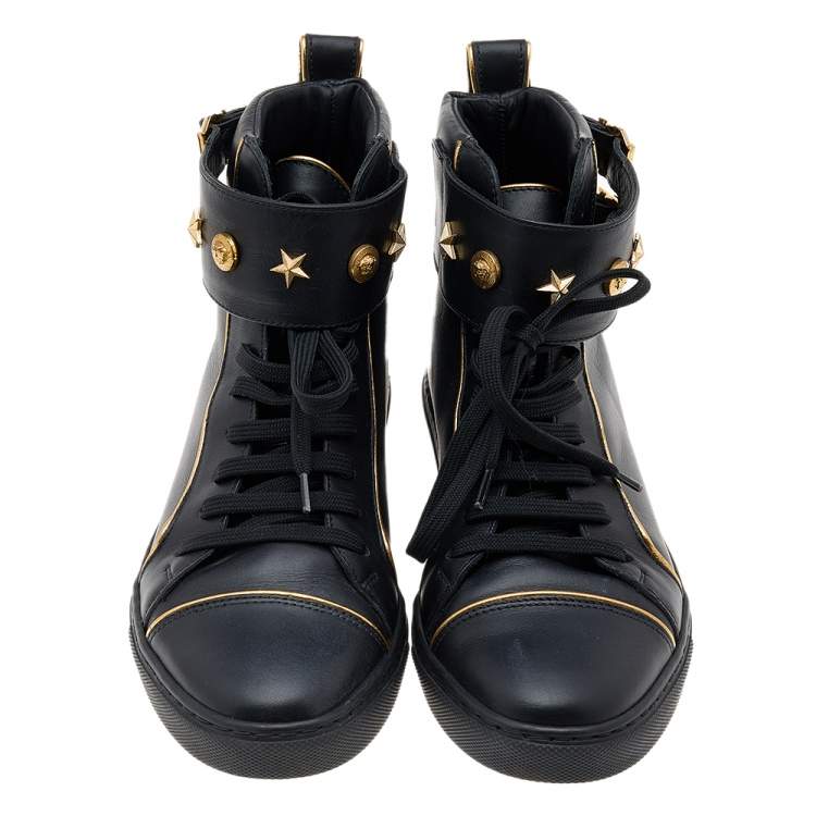 Pre Owned Versace Black Leather Buckle Medusa High Top Sneakers Size 37