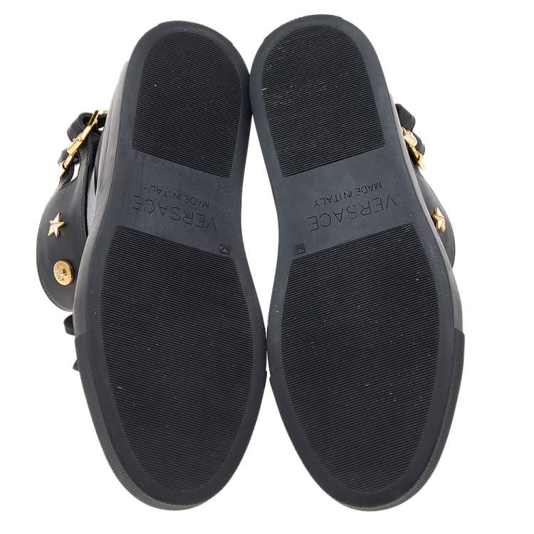 Pre Owned Versace Black Leather Buckle Medusa High Top Sneakers Size 37