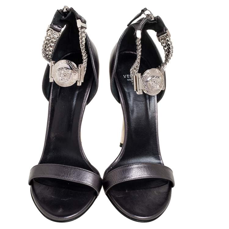 Pre Owned Versace Metallic Grey Leather Medusa Chain Ankle Strap Sandals Size 38