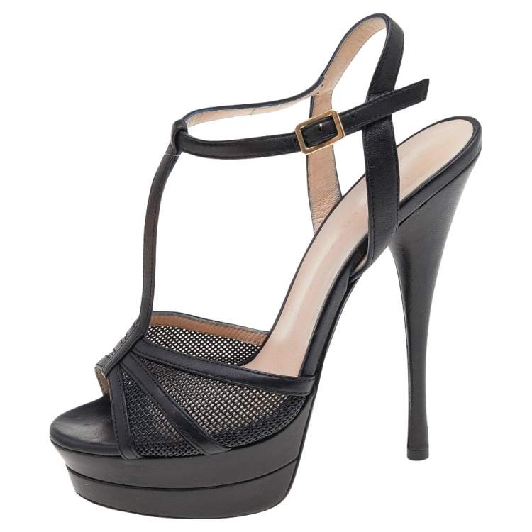 Pre Owned Versace Black Leather T-Strap Platform Sandals Size 37