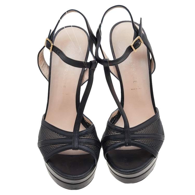 Pre Owned Versace Black Leather T-Strap Platform Sandals Size 37