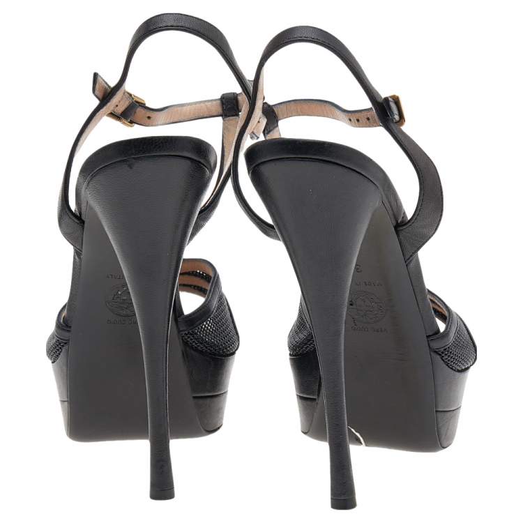 Pre Owned Versace Black Leather T-Strap Platform Sandals Size 37