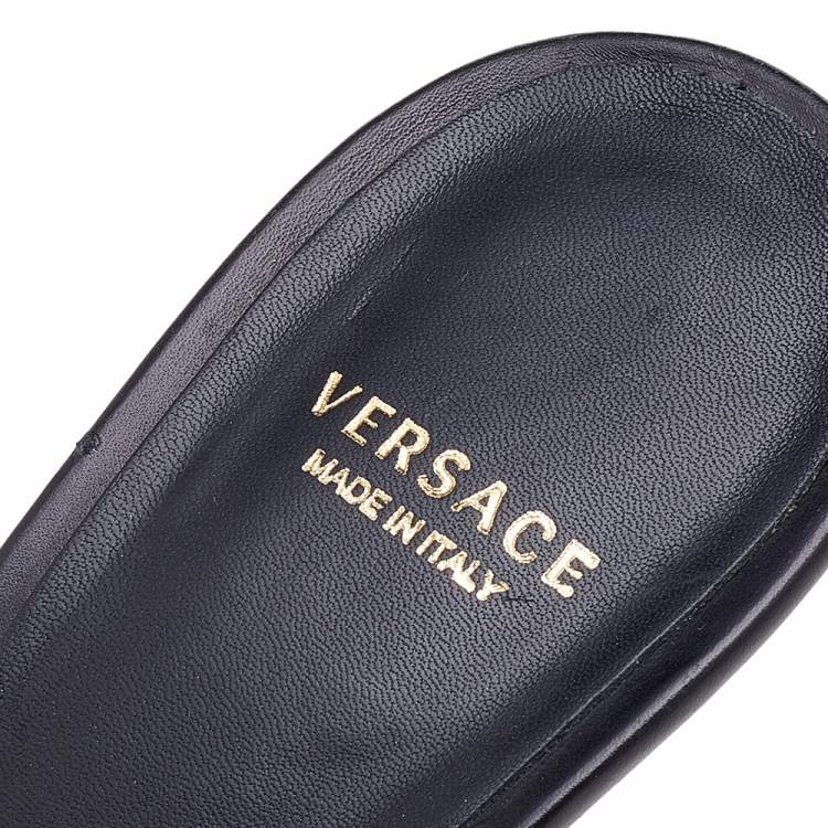 Pre Owned Versace Black Leather Medusa Heel Slide Sandals Size 40