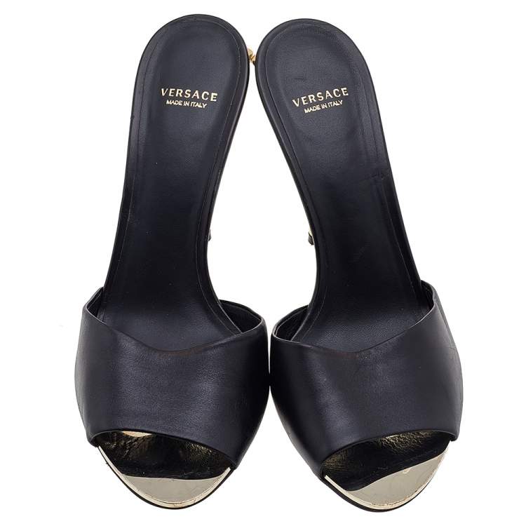 Pre Owned Versace Black Leather Medusa Heel Slide Sandals Size 40
