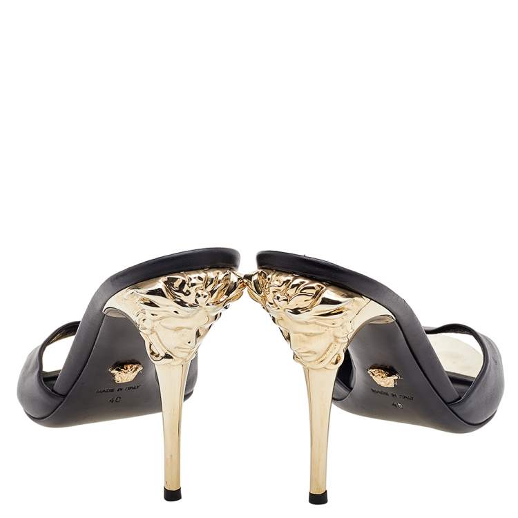 Pre Owned Versace Black Leather Medusa Heel Slide Sandals Size 40