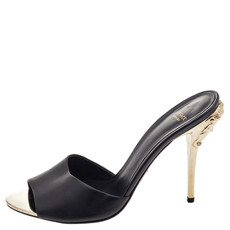 Pre Owned Versace Black Leather Medusa Heel Slide Sandals Size 40