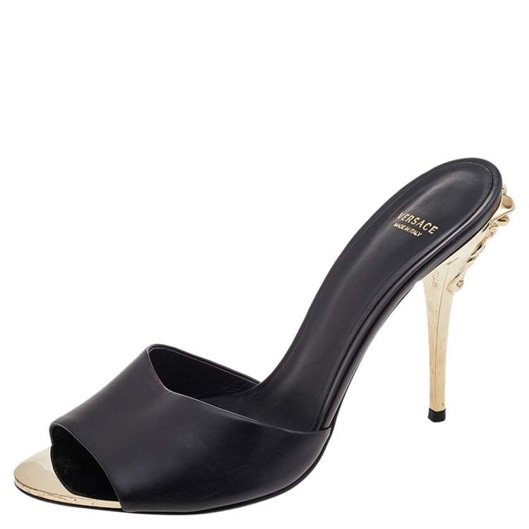 Pre Owned Versace Black Leather Medusa Heel Slide Sandals Size 40