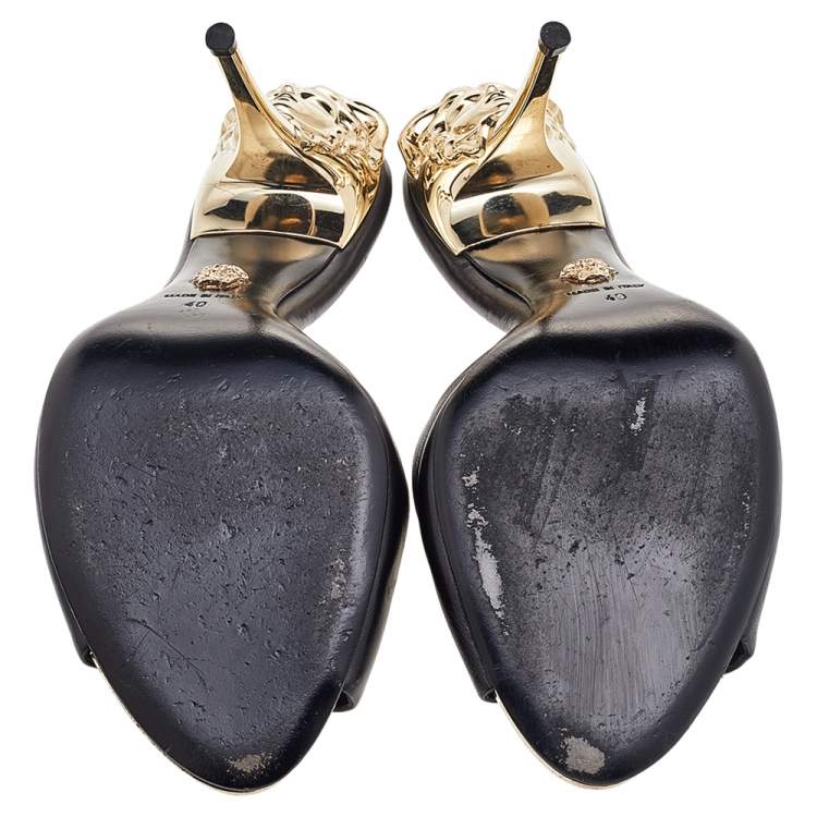 Pre Owned Versace Black Leather Medusa Heel Slide Sandals Size 40