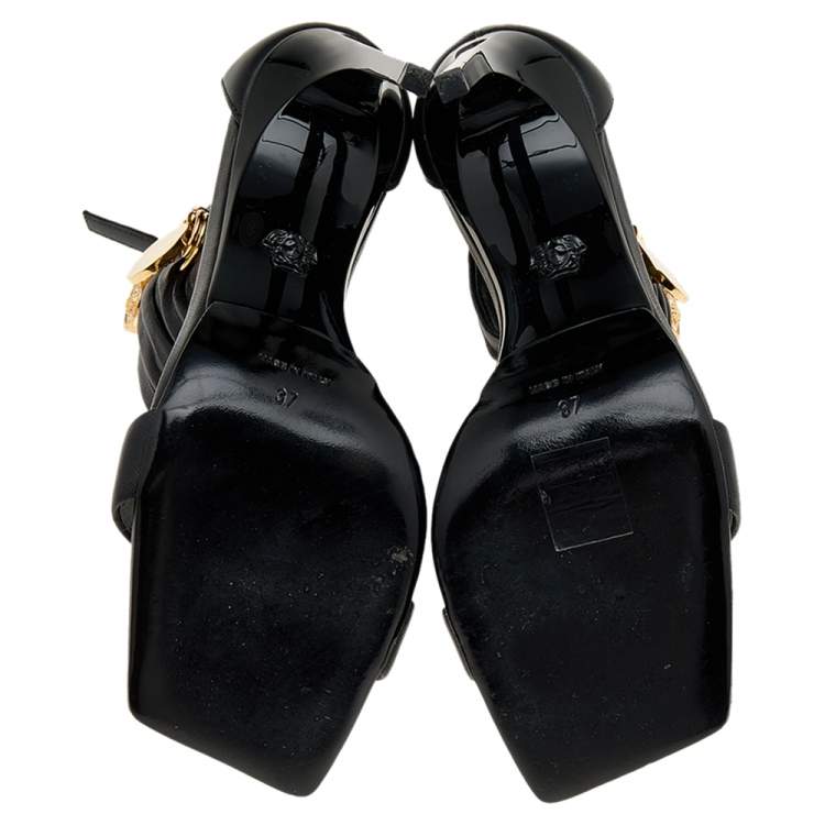 Pre Owned Versace Black Leather Medusa Safety Pin Ankle Cuff Sandals Size 37