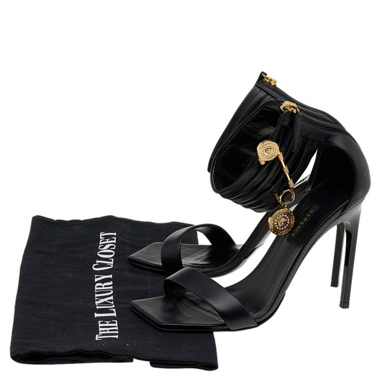 Pre Owned Versace Black Leather Medusa Safety Pin Ankle Cuff Sandals Size 37