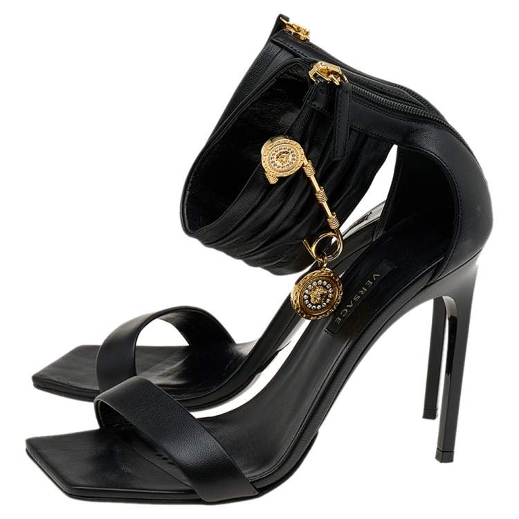 Pre Owned Versace Black Leather Medusa Safety Pin Ankle Cuff Sandals Size 37