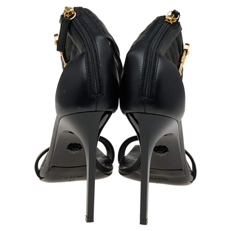 Pre Owned Versace Black Leather Medusa Safety Pin Ankle Cuff Sandals Size 37