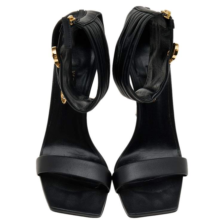 Pre Owned Versace Black Leather Medusa Safety Pin Ankle Cuff Sandals Size 37