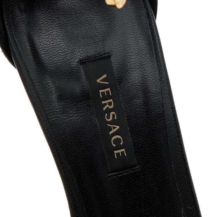 Pre Owned Versace Black Leather Medusa Safety Pin Ankle Cuff Sandals Size 37