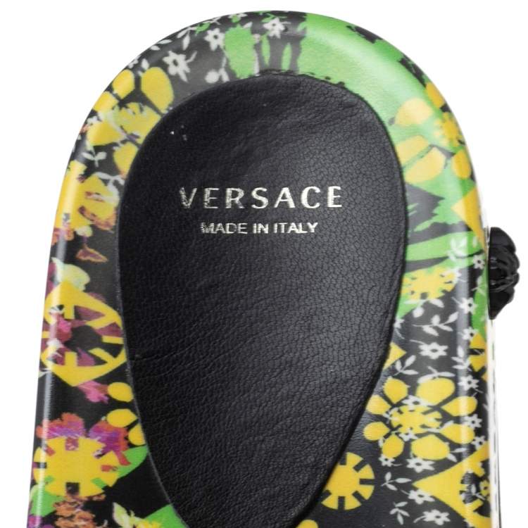 Pre Owned Versace Multicolor Flower Print Patent Leather Medusa Slide Sandals Size 39