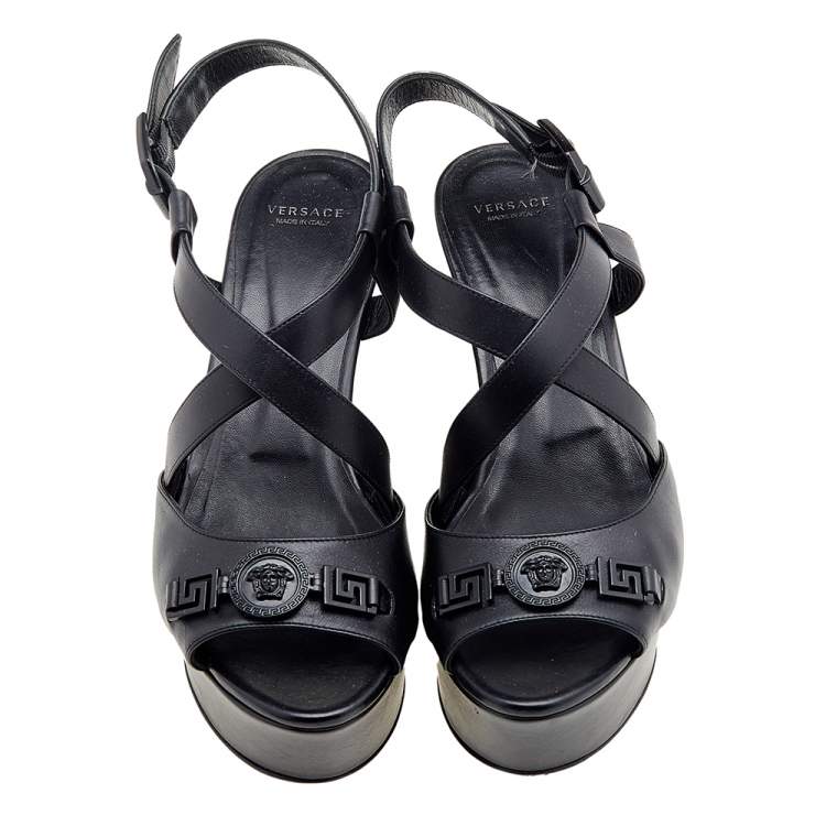 Pre Owned Versace Black Leather Wedge Criss Cross Platform Sandals Size 39