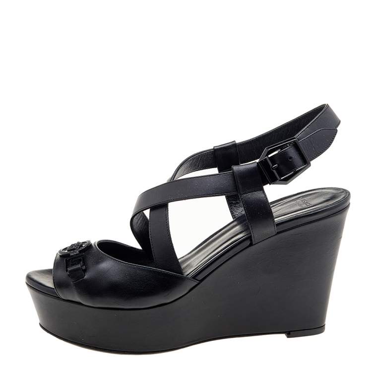 Pre Owned Versace Black Leather Wedge Criss Cross Platform Sandals Size 39
