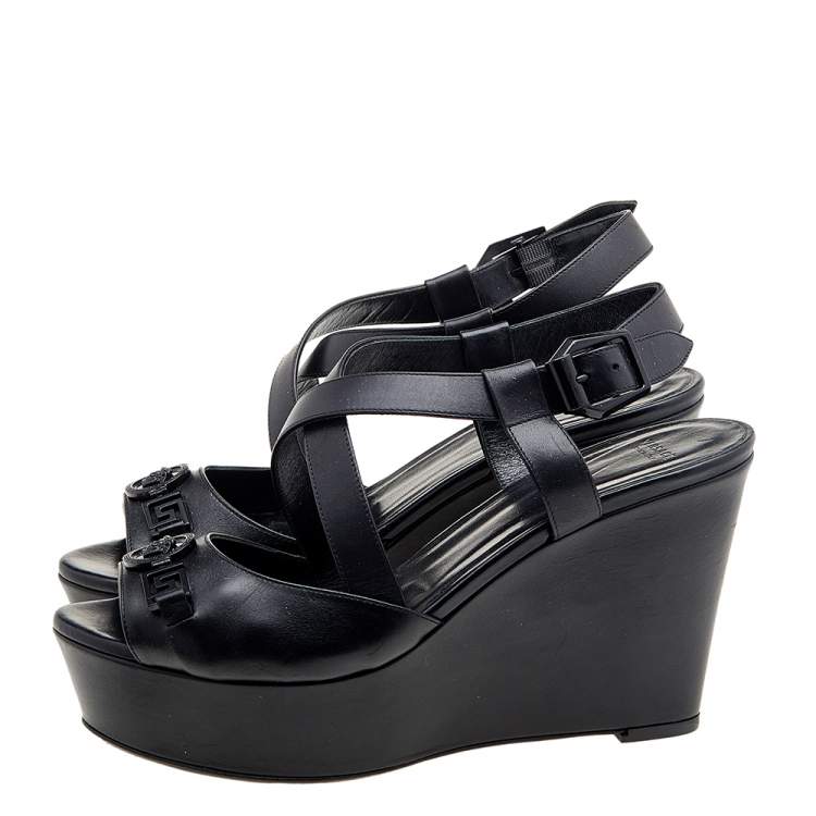 Pre Owned Versace Black Leather Wedge Criss Cross Platform Sandals Size 39