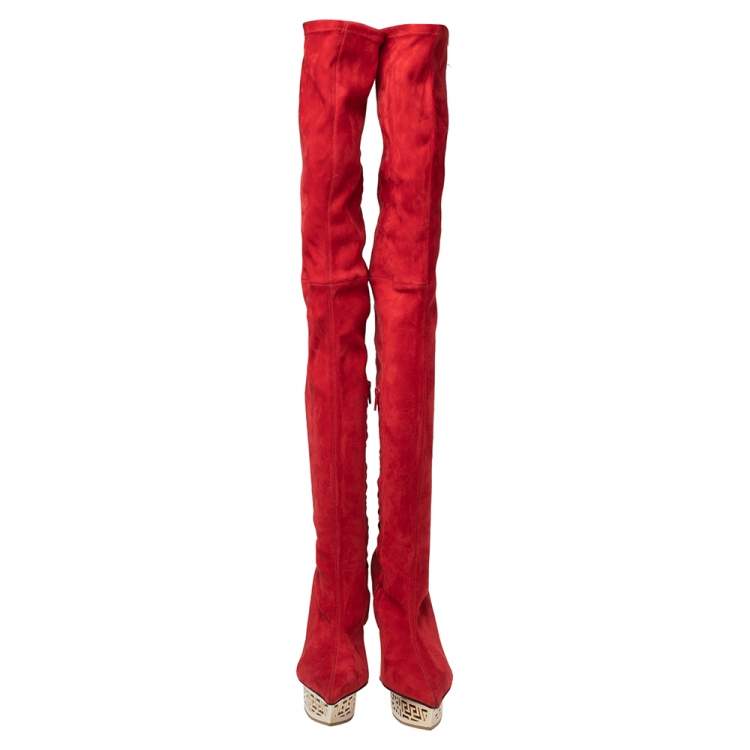 Pre Owned Versace Red Suede Platform Over The Knee Boots Size 39