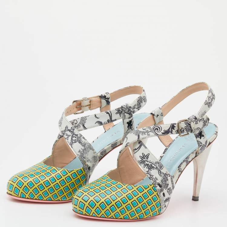 Pre Owned Versace Multicolor Printed Leather Criss Cross Slingback Sandals Size 37