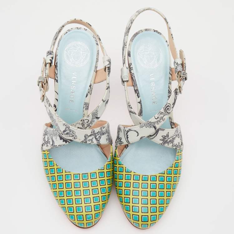 Pre Owned Versace Multicolor Printed Leather Criss Cross Slingback Sandals Size 37