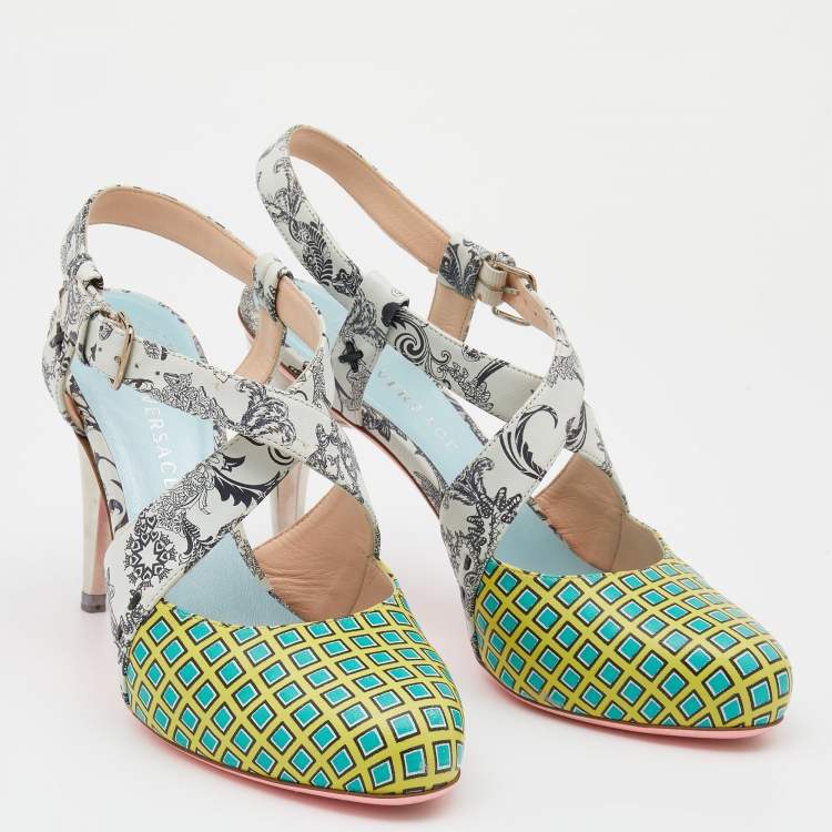 Pre Owned Versace Multicolor Printed Leather Criss Cross Slingback Sandals Size 37