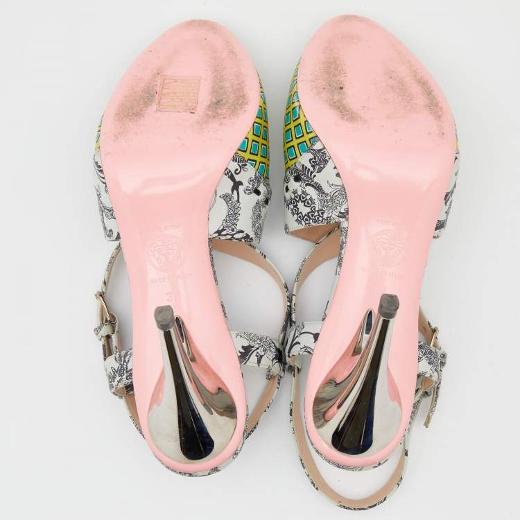 Pre Owned Versace Multicolor Printed Leather Criss Cross Slingback Sandals Size 37