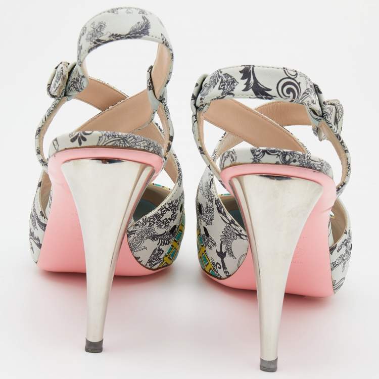 Pre Owned Versace Multicolor Printed Leather Criss Cross Slingback Sandals Size 37